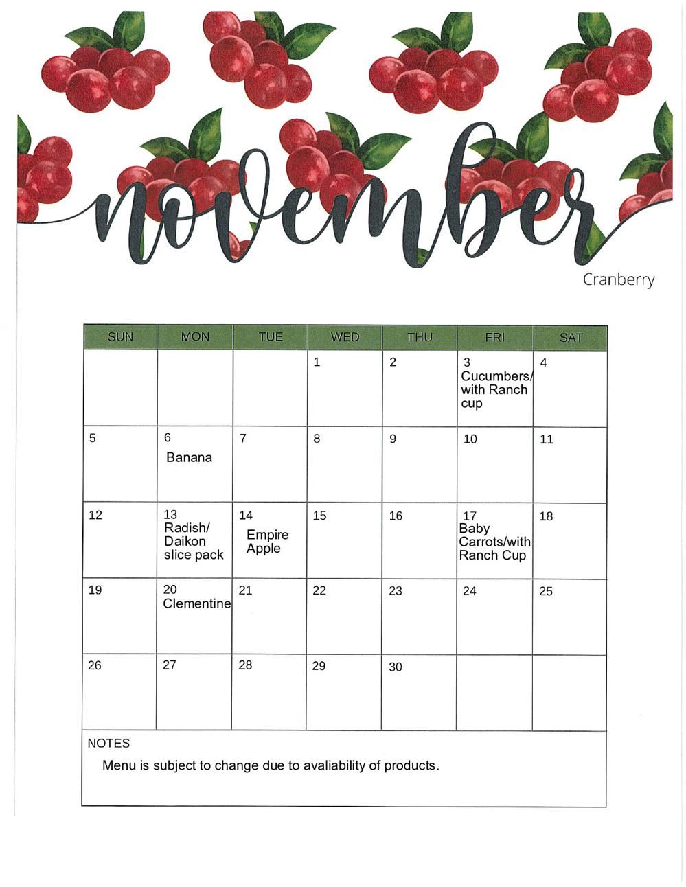  Fresh Fruit and Vegetable November Calendar